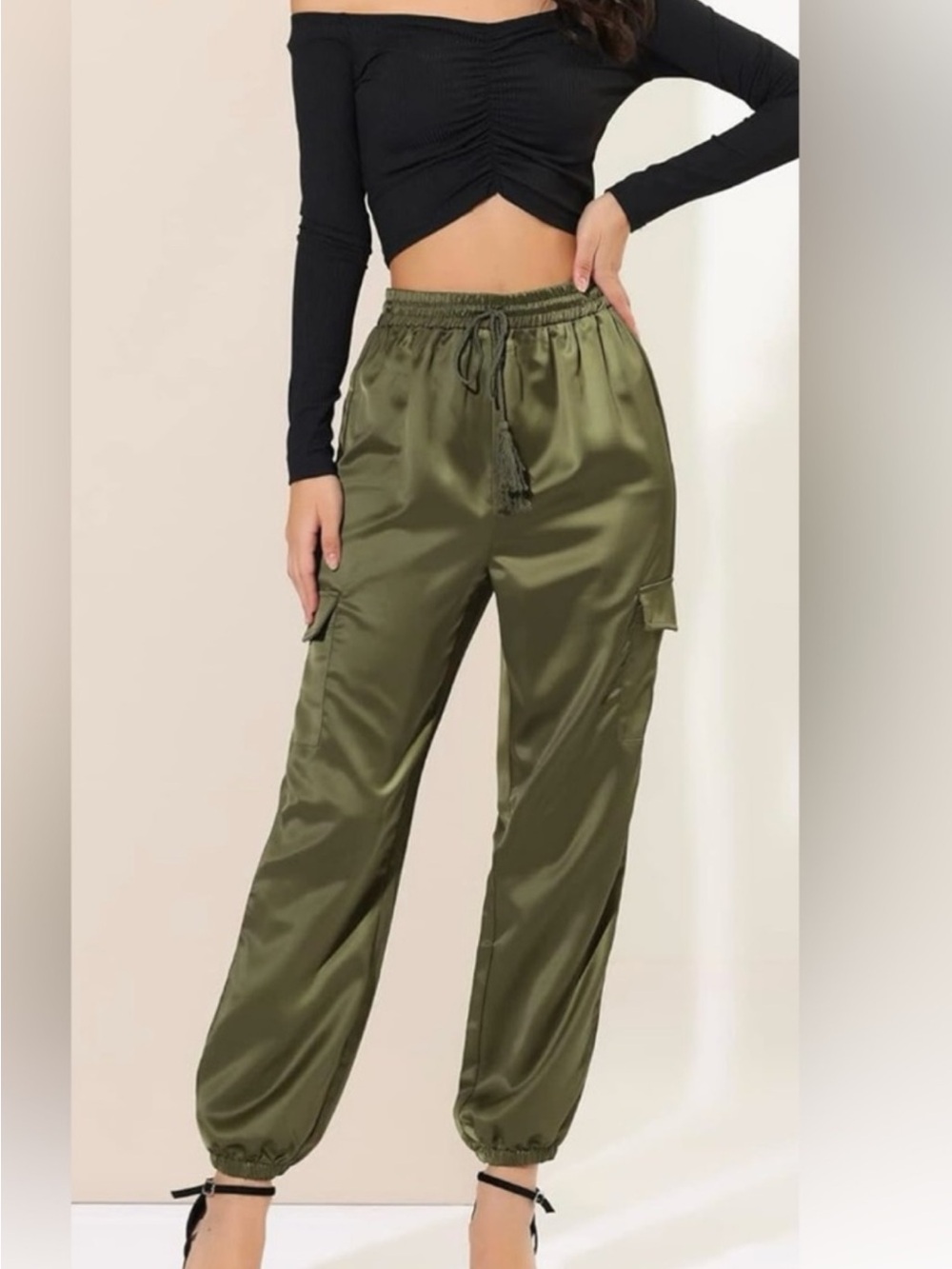 Joie Olive Satin Cargo Jogger Pants